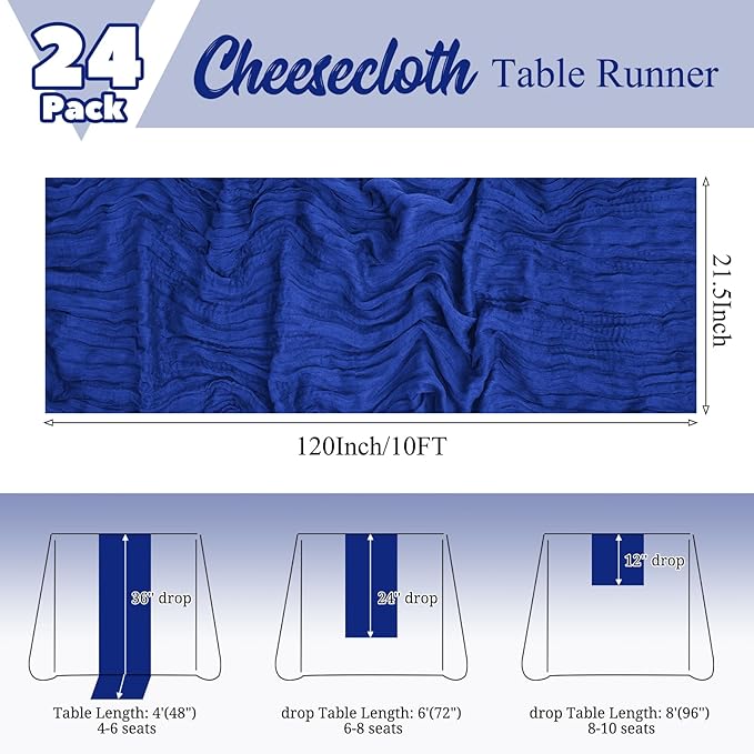 24 Pack Royal Blue Table Runners 10Ft Cheesecloth Table Runner Rustic Gauze Table Runner Romantic Long Sheer Fabric Cheese Cloth Table Runner for Wedding Party Bridal Baby Shower