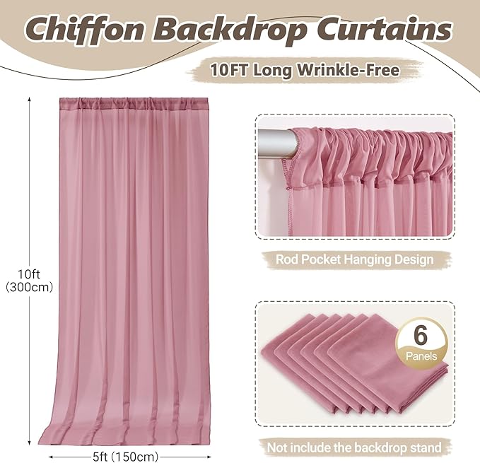 30ft x 10ft Dusty Rose Backdrop Curtains, Wrinkle-Free Sheer Chiffon Fabric Photo Backdrop Drapes for Wedding Arch Party Ceremony Stage Photography Birthday Decorations
