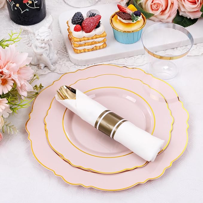 Liacere 175PCS Pink Plates Disposable - Pink and Gold Plates 25guest Baroque Plastic Dinnerware include 150Plates, 25Pack Pre Rolled Napkins with Silverware 25Cups Perfect for Wedding &Mothers Day