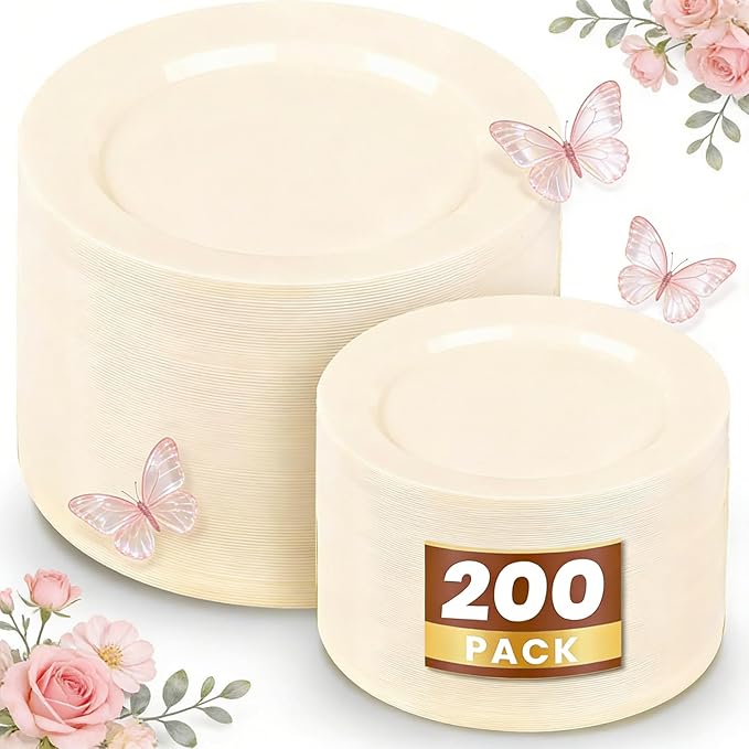 WDF 200PCS Ivory Plastic Plates - Elegant Ivory Disposable Plates for Party- Include 100 Dinner Plate 10inch and 100 Plastic Dessert Plate 7inch Perfect for Party Baby Shower Spring Mother's Day