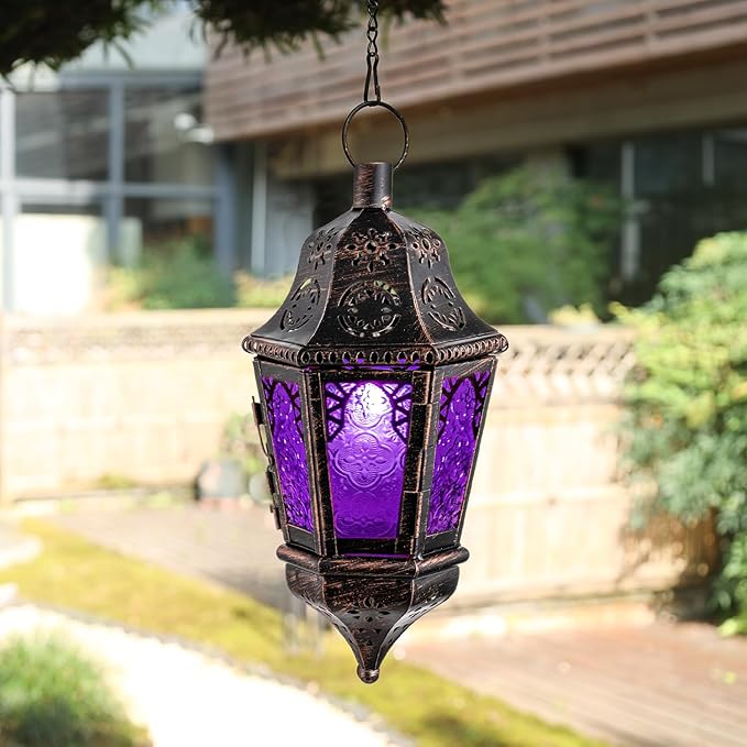 Moroccan Decorations Indoor, 13.6’’ Lantern Decorative Outdoor, Halloween Style Hanging Lantern with Chain for Home Porch Patio Decor, Vintage Metal Christmas Ramadan Candle Holders(Purple)