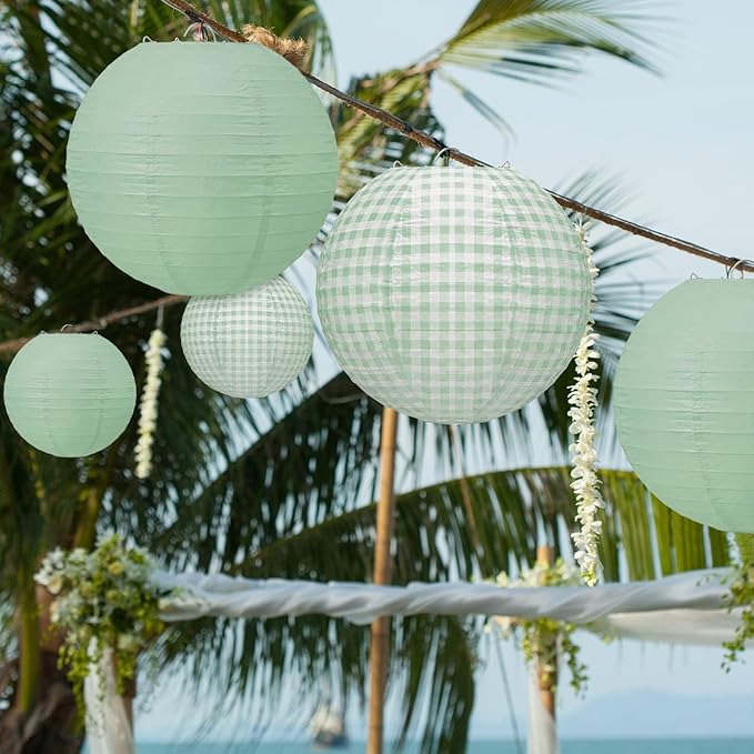 Honoson 12 Pcs Green Gingham Paper Lanterns Decoration10 Inch White and Sage Green Checkered Plaid Round Chinese Hanging Lanterns for Baby Boy Shower Wedding Birthday Picnic BBQ Decoration