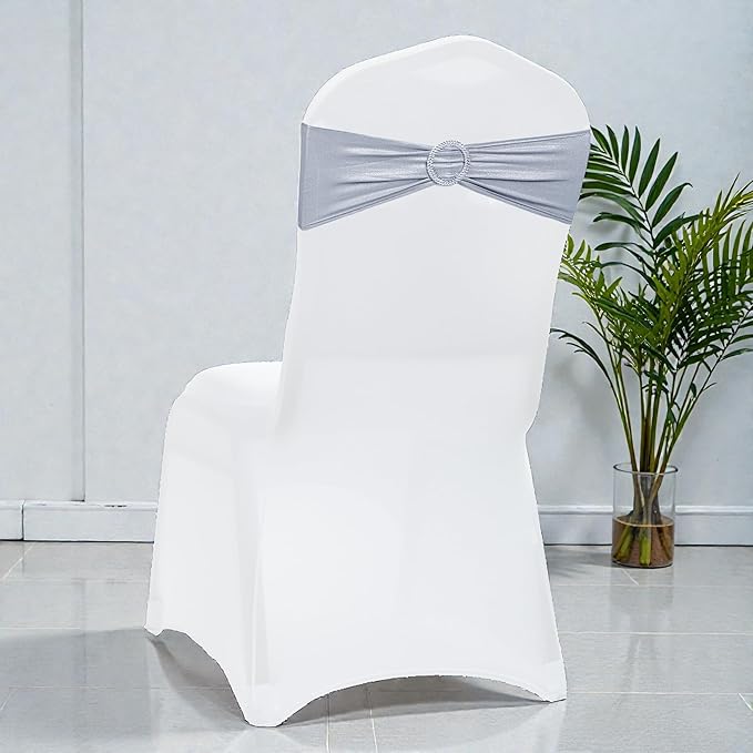 MDS Pack of 100 Spandex Foil Chair Sashes Bow Universal fits Elastic Stretch Chair Bands Ties with Buckle for Wedding Lycra Slider Bow - Metallic/zari/Sparkle Silver