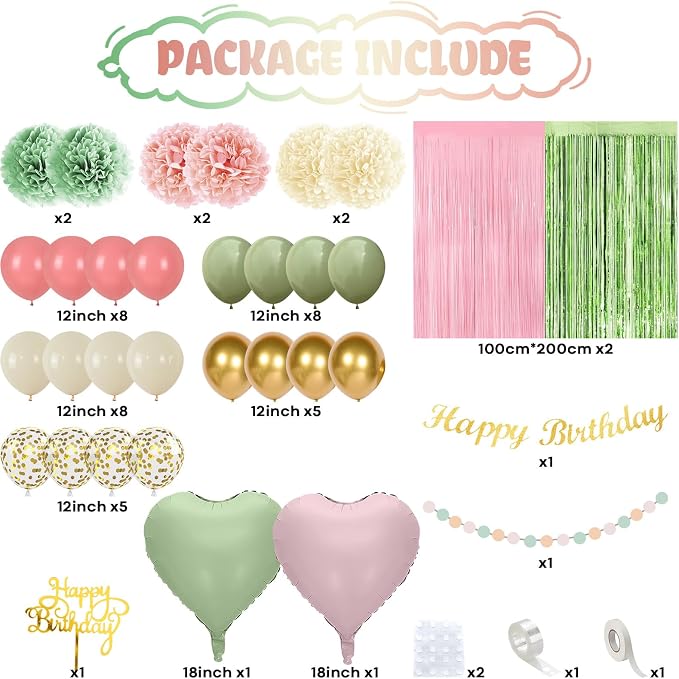 Jobkoo Sage Green Pink Birthday Decorations, Blush Pink Olive Green Gold Sand White Latex Confetti Balloons Boho Happy Birthday Banner Fringe Curtain Pompom for Women Girls Woodland Fairy Party Decor