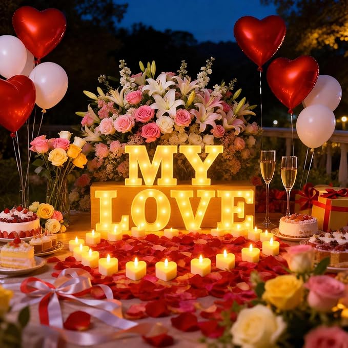 MY LOVE Light up Letters, Include Tea Lights Candles, Latex Balloons, Aluminum Balloons and Rose Petals, Special Festival, Surprise Gifts for Women and Men