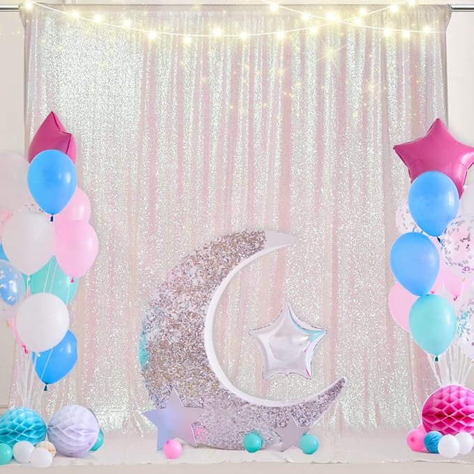PartyDelight Iridescent White Sequin Backdrop 7x7ft 4 Inch Rod Pocket | Iridescent white 3mm sequins show pink and purple tones under light on mesh backing for photos arches stages and party walls