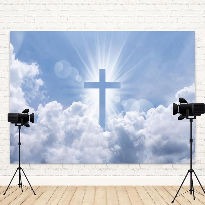 12x8ft Christian Cross Backdrop Holy Crucifix Heaven Sky Cloud Photography Background Lord Pray Resurrection of Jesus Easter Banner Decorations Church Events Portrait Photo Booth Prop