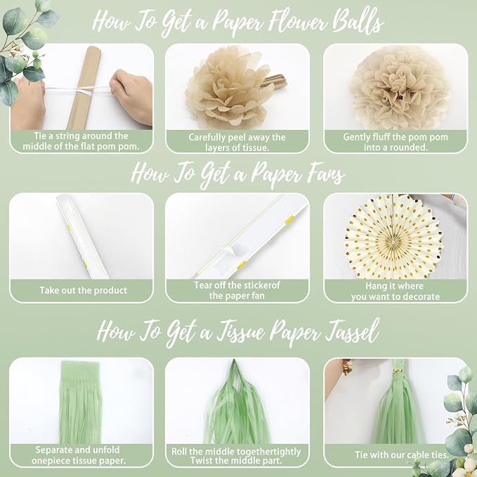 46Pcs Sage Green Bridal Shower Decorations - Boho Bachelorette Party Supplies with Bride to Be Banner, Paper Lanterns, Fans, Pom Poms & Balloons - Neutral Wedding Engagement Decor Kit