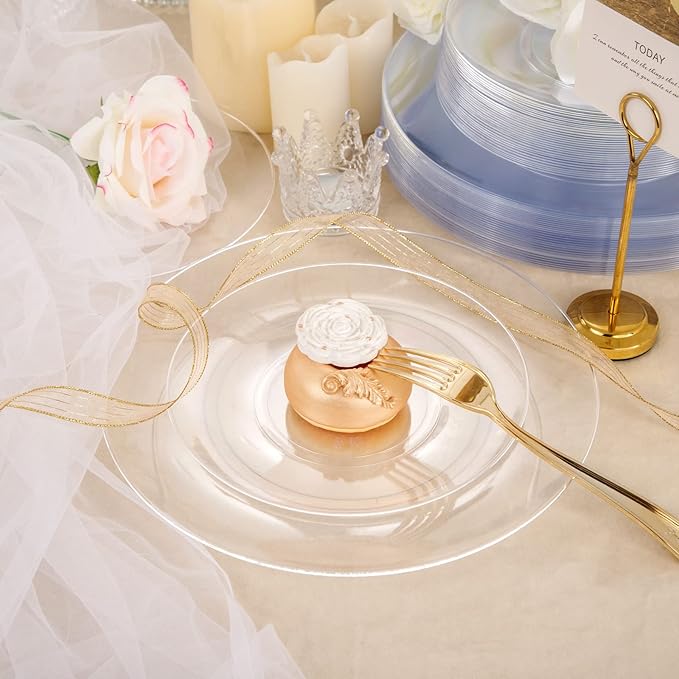 Hioasis 100pcs Clear Plastic Plates for Party - 7.5" Dinner Plates Disposable, Heavy -duty, Classy and Elegant for Wedding