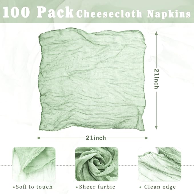 100 Pack Sage Green Cheesecloth Napkins Washable 21x21 Inches Sage Green Cloth Napkins Set of 100 Dinner Table Napkins for Wedding Bridal Baby Shower Rustic Boho Cotton Gauze Summer Party Table Decor
