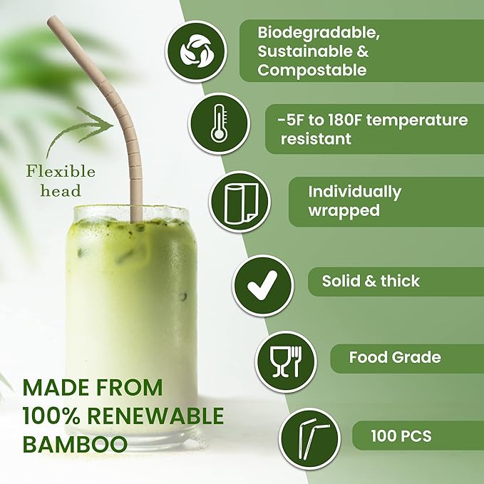 BOONBOO Bamboo Paper Straws, Individually Wrapped, Bendable, PFAS-Free, 200 Counts
