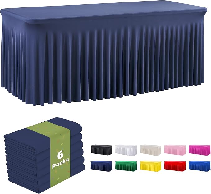 leegleri 6 Pack Navy Blue Spandex Table Clothes for 6 Foot Rectangle Tables, Wrinkle Free Fitted Table Cover 6ft Stretch Tablecloths with Skirt for Parties Weddings Birthday Banquet Baby Shower
