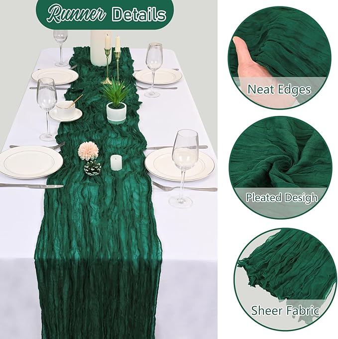 10 Pack Emeral Cheesecloth Table Runner 10FT Boho Gauze Fabric Cheese Cloth Table Runners for Wedding ,Party,Baby Shower, Bridal Party, Rustic Farmhouse and Table Decorations