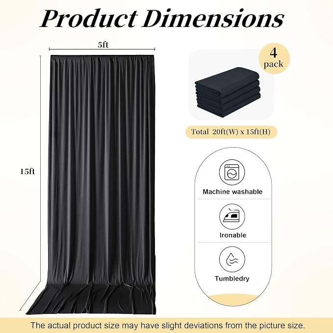 20ft x 15ft Black Backdrop Curtains for Wedding Parties, 4 Panels Wrinkle Free Fabric Drapes Photo Backdrop for Baby Shower Birthday Stage Reception Lobby Decoration