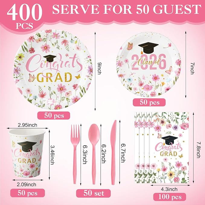 400 Pcs Class of 2026 Pink Floral Graduation Decoration for 50, Pink Gold Flower Graduation Paper Plates Napkins Cups Cutlery Congrats Grad Party Supply for Freshly Graduated Decoration