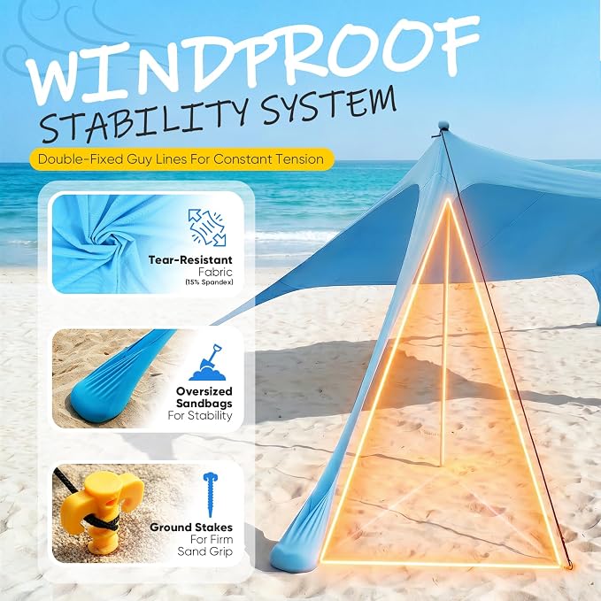 Sekey Aluminum Beach Shade Sun Shelter UPF 50+ - 6.5x6.5 FT Portable Beach Canopy with Windproof Rope & Stability Poles, Easy Setup Outdoor Tent for Camping, Backyard, Fishing, Picnics