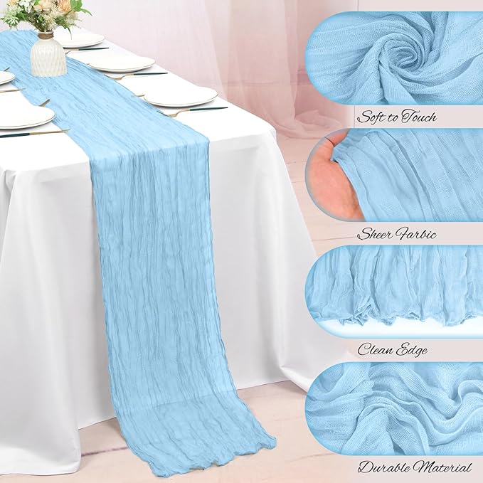 8 Pack Light Blue Cheesecloth Table Runner 10FT Baby Blue Boho Gauze Cheese Cloth Table Runner Rustic Sheer Fabric Table Runners for Wedding Bridal Shower Baby Shower Party(21.5×120 Inch)