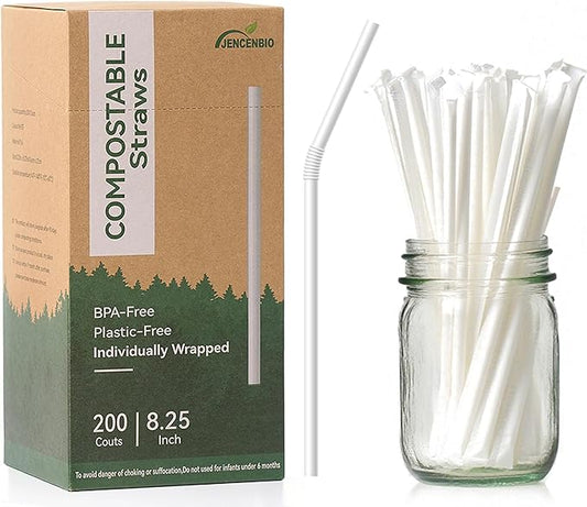 200 PCS Individually Wrapped 8” Compostable Flexible Straws Compost Disposable Drinking Straw for Party White ASTM D6400