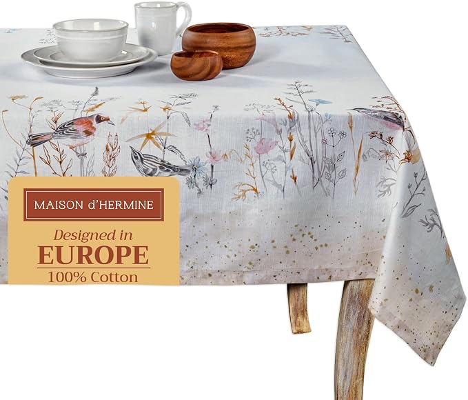 Maison d' Hermine Table Cloth Rectangle Table 100% Cotton 60 x 120 Inches Tablecloth Reusable Decorative for Dining Kitchen Room Farmhouse Party Hotel Restaurant Spring Summer - Meadow Florals - Beige