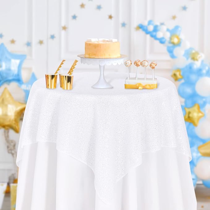 B-COOL White Sequin Tablecloth Small Decorative Table Cloths Christmas White Sparkly Tabletop Fabric Linen for Valentine's Day Wedding Party Banquet 50x50inch