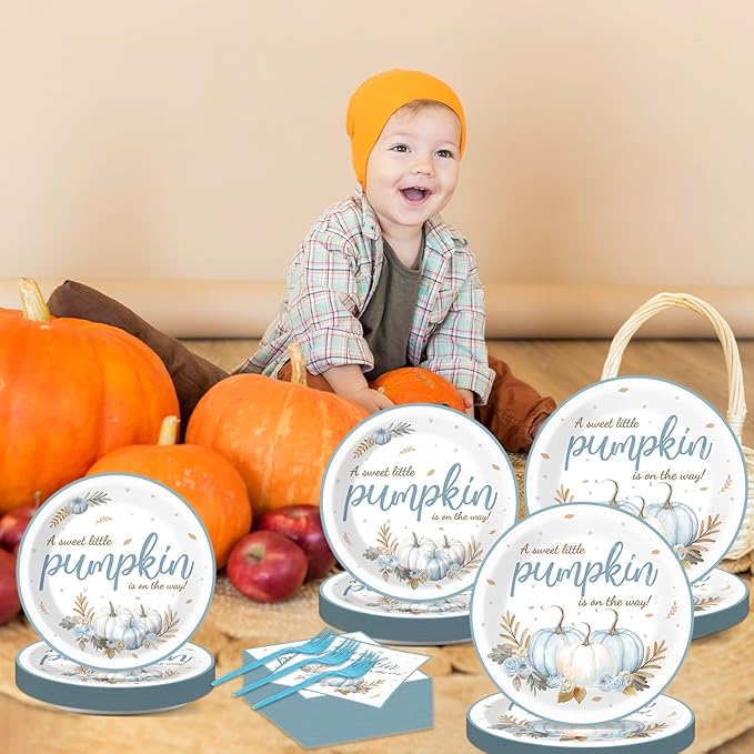 96Pcs Little Pumpkin Baby Shower Party Plates and Napkins, Fall Autumn Pumpkin Party Decorations for Boys Autumn Dessert Plates, Blue Thanksgiving Tableware Decor, Serves 24