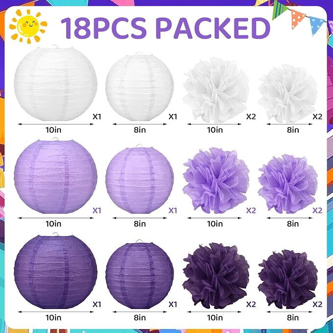 18pcs Purple Paper Lanterns Decoration Purple White Lavender Hanging Décor Pom Poms Paper Flower Party Supply for Baby Shower Wedding Valentine Birthday Party