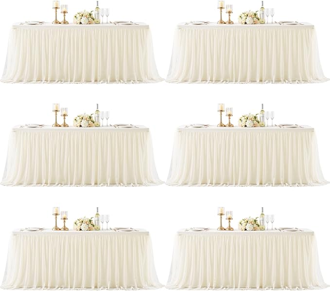 Ivory Fitted Tablecloth Rectangle 8 Foot Stretch Elastic Tulle Ruffle Tablecloths Rectangular Spandex Table Covers 8ft Birthday Baby Shower Party Wedding Table Cloths with Skirt 6Pack