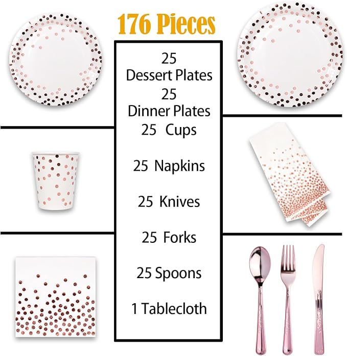 176 Pieces Gold Disposable Party Dinnerware Set &Golden Dot Disposable Party Dinnerware - Black Paper Plates Napkins Cups, Gold Plastic Forks Knives Spoons (25 Guests,176 Pieces)