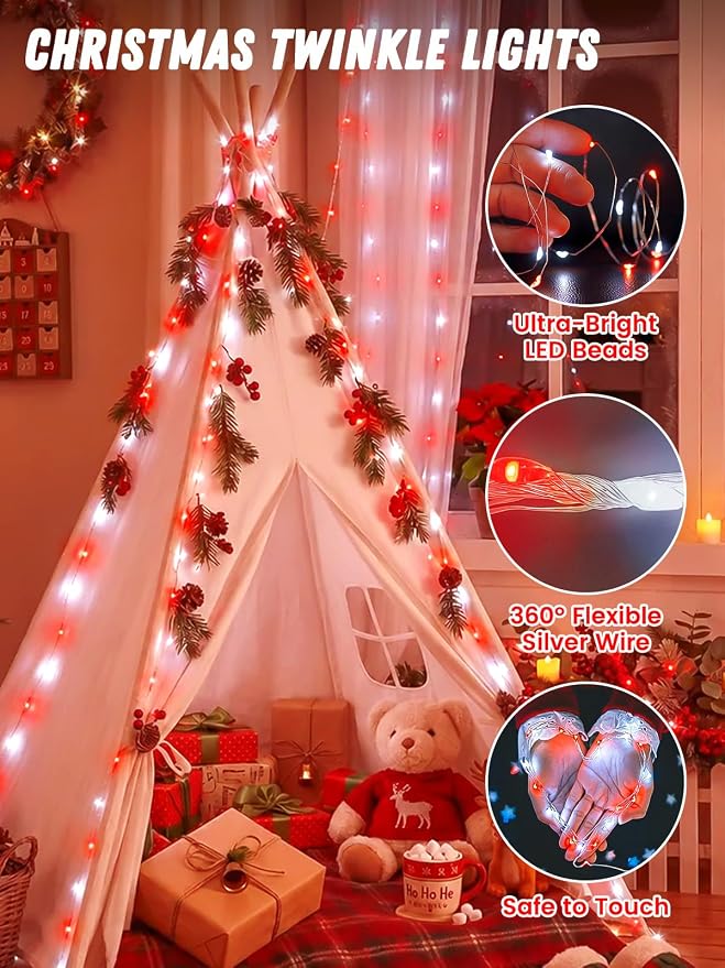4 Pack 60 LED Fairy Lights Battery Operated with Timer, 20FT Waterproof String Lights Indoor Outdoor, Cuttable Battery Light for Bedroom Wedding DIY Centerpiece Christmas Decorations (Red and White)