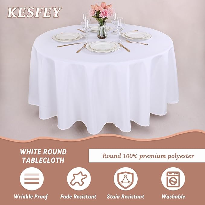 Kesfey 90 Inch Round Table Cloths White 2 Packs Stain and Wrinkle Polyester Tablecloths Washable High Density Tablecovers Fabric Table Covers for Wedding Celebration Buffet Camping Banquet Parties