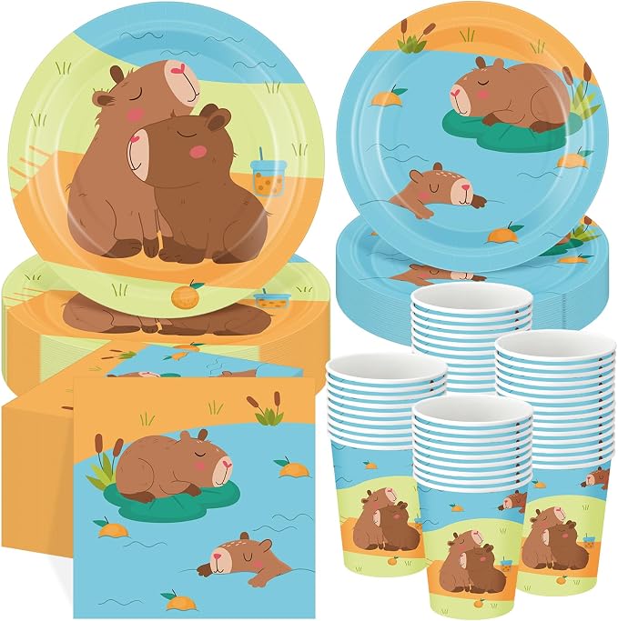 Pickmesh 250 Pcs Capybara Party Supplies Decorations Serve 50 Capybara Disposable Paper Plates Napkins and Cups Tableware Set Animals Themed Baby Shower Birthday Party Supplies