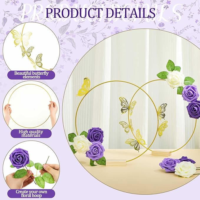 Vercraft 12 Set Butterfly Metal Floral Hoop Table Centerpieces, Metal Ring with 3D Butterfly Decor, PE Foam Flower, Adhesive Dot, Gold Wires for DIY Wedding Party (White, Purple, Purple,Round)