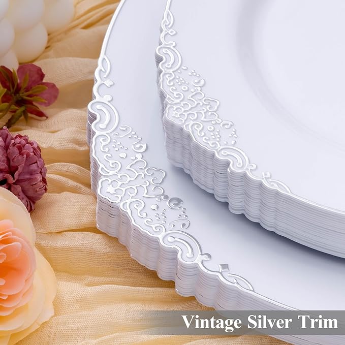 Bestluck 100 PCS White and Silver Plastic Plates for 50 Guests, Rose Gold Disposable Plates Include 50 PCS Dinner Plates, 50 PCS Dessert Plates for Party, Wedding and Baby Shower