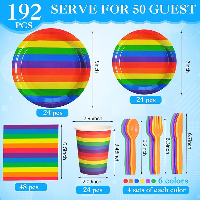 192 Pcs Rainbow Pride Paper Plates Napkins Cups Set, Pride Party Supplies Decorations Serve 25 Guests, Gay Lgbt Disposable Tableware Set