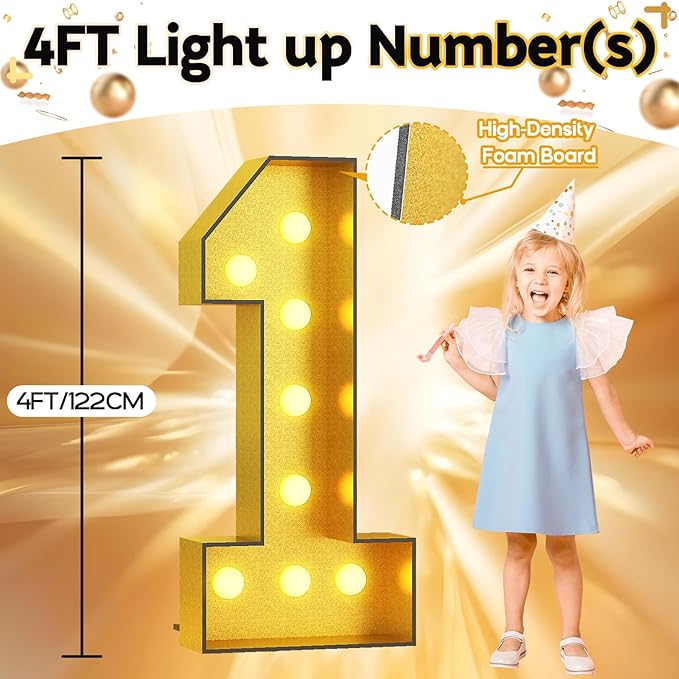 Light Up Number 1, Marquee Light Up Numbers Gold 4FT, Large Led Numbers Lights for First 1st 21st Birthday, 4 Feet Tall DIY Frame Pre-Cut Foam Board Kit for Night Light Party Anniversary Decorations