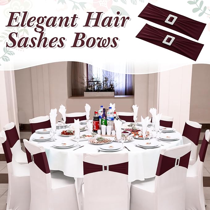 VitalCozy 150 Pcs Spandex Chair Sashes with Square Buckle Slider Stretch Chair Cover Band Universal Elastic Ties Straps Bows for Wedding Banquet Event Party Decoration(Burgundy)