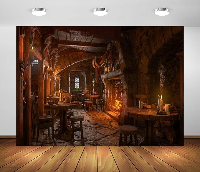 BELECO 12x8ft Fabric Medieval Tavern Backdrop for Photography Wooden Interior Candle Light Fireplace Ancient Tavern Inn Bar Restaurant Background for Party Decorations Photo Booth Studio Props