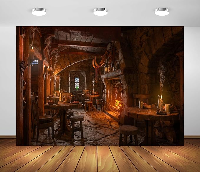 BELECO 10x6.5ft Fabric Medieval Tavern Backdrop for Photography Wooden Interior Candle Light Fireplace Ancient Tavern Inn Bar Restaurant Background for Party Decorations Photo Booth Studio Props