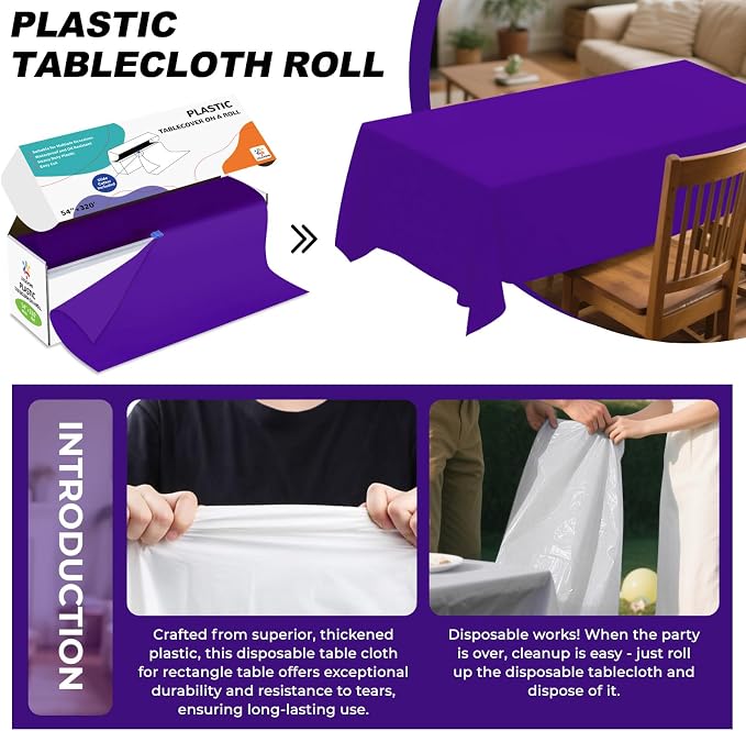 54IN X 320FT Plastic Table Cover Roll with Cutter Box, Cut to Size Plastic Table Cloths for Parties, Birthday, Disposable Tablecloth Roll for All Shape Tables (Purple, 54 Inch X 320 Feet)