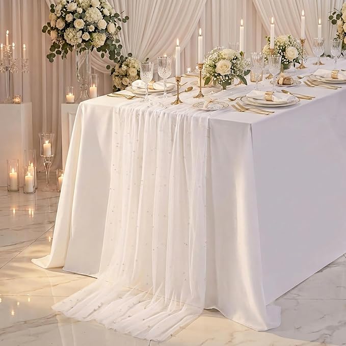 Pearl Gauze Table Runner Sheer Tulle Fabric Set of 6 White Lace Table Runners 29x120 Inch Boho Rustic Desk Centerpieces for Bridal Shower Birthday Party Wedding Arch Aisle Veil Dessert Table Decor
