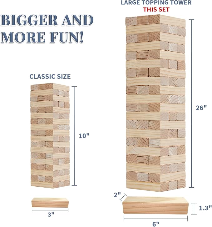 Megwoz Giant Tumble Tower Family Games for Kids and Adults 60 Blocks New Zealand Pine Wooden Blocks Stacking Up to 5 FT for Indoors Outdoors Yard Games for Family