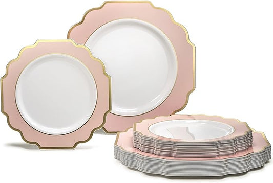 OCCASIONS Pink Plastic Plates - 50 Plates Pack (25 Guests) Heavyweight Disposable Dinner & Dessert Plate Set for Wedding, Party, Baby Shower (25x10.5" + 25x8") Imperial in Blush Pink & Gold