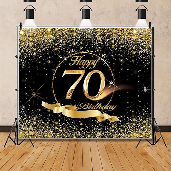 70th Birthday Backdrop Banner 8x6ft Men Black Gold 70th Birthday Decoration Background Men Women Bday Party Celebration Photos Cheers to 70 Years Old Party Backdrop