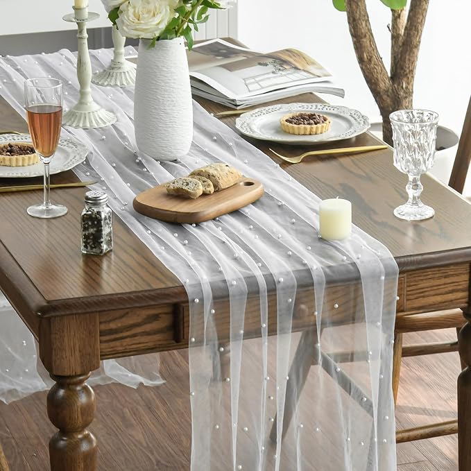 Artoid Mode 10PCS Pearl Gauze Table Runner 120 Inch 10FT, Seasonal Sheer Dining Holiday Wedding Birthday Baby Shower Table Decor for Home Party