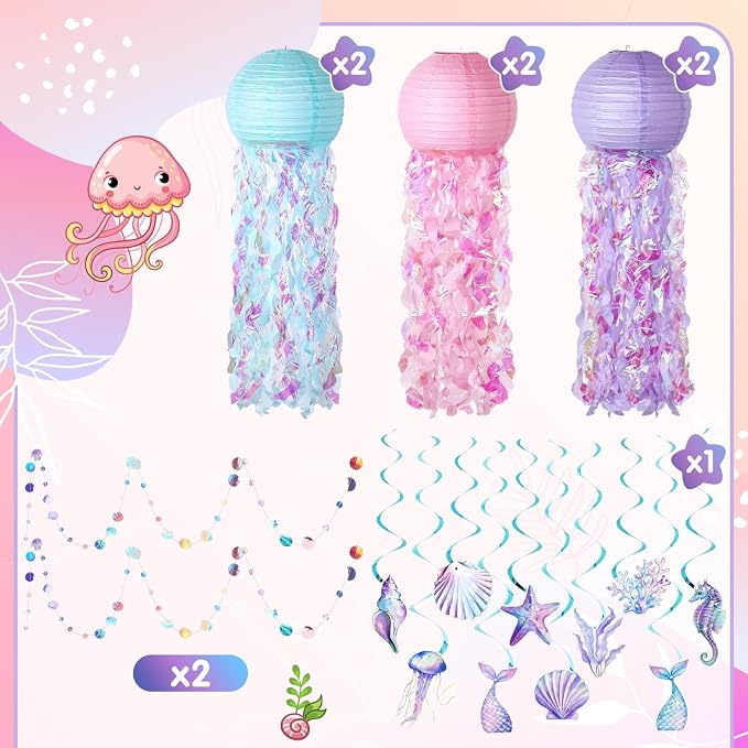 18 Pcs Mermaid Party Decorations Jellyfish Paper Lanterns Hanging Mermaid Garland Under The Sea Ocean Theme Party Supplies for Baby Shower Birthday Classroom Decoration