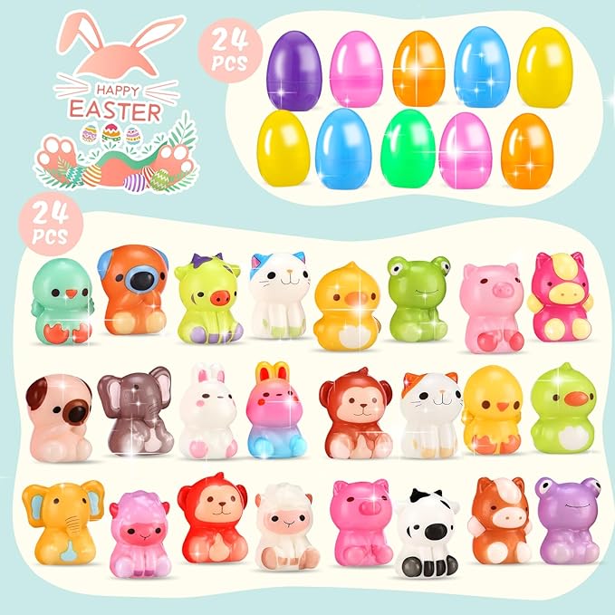 24 Pcs Prefilled Easter Eggs for Kids with Animal Squishy Toys, Easter Eggs Filled for Egg Hunt, Basket Stuffers & Goodie Bag Fillers, Classroom and School Prize Supplies