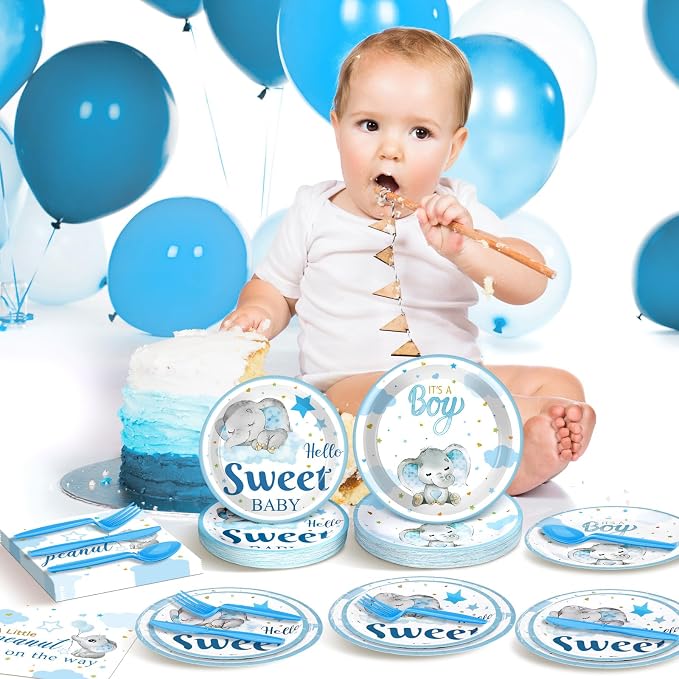 Havawish 250 Pcs Blue Elephant Baby Shower Plates and Napkins Decoration It's a Boy Wait Party Supplies Tableware Set Severs 50 Disposable Plates for Baby Boy Gender Reveal Party Supplies