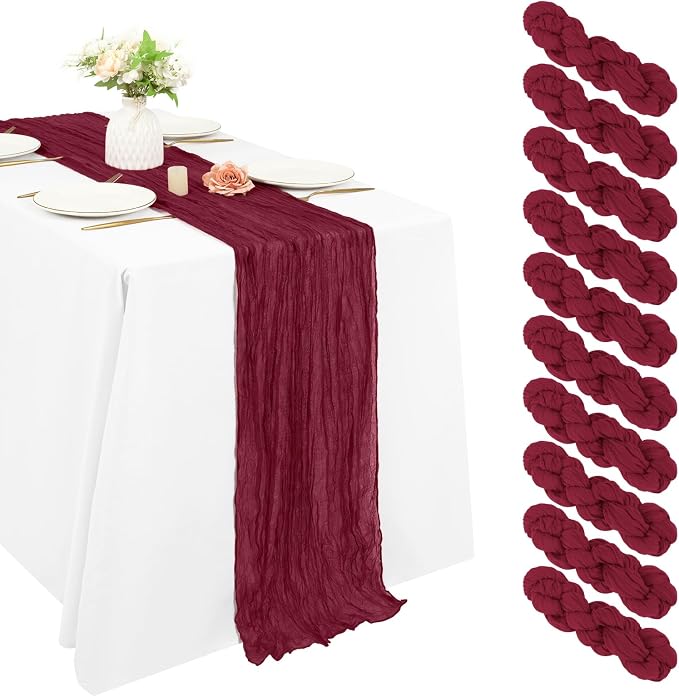 10 Pack Cheesecloth Table Runner 17 x 108 inch Long Boho Gauze Table Runners Semi Sheer Table Runner for Wedding Decor, Baby Shower, Birthday Party, Banquet (Burgundy)