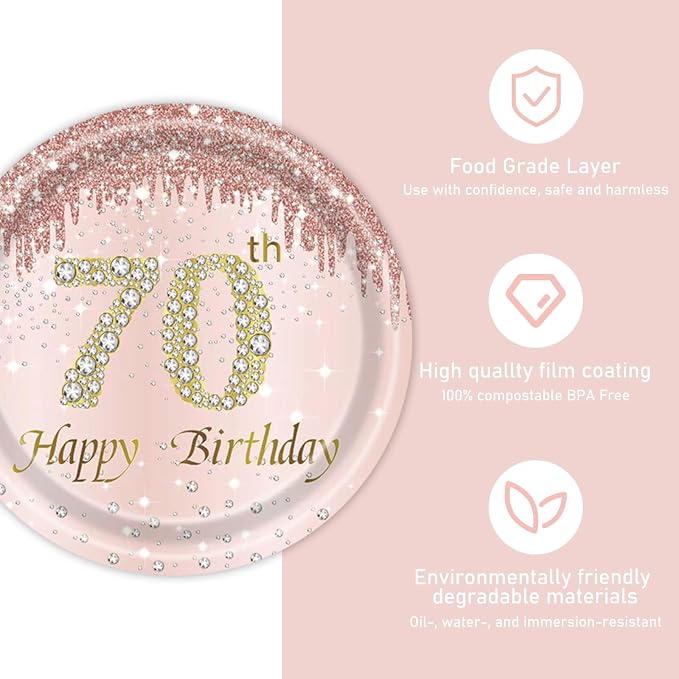 121Pcs 70th Birthday Party Supplies Plates Napkins Cups Forks Tablecloth Rose Gold Happy 70th Birthday Themed Disposable Tableware Decorations Serves 24 Guests for Women 70 Years