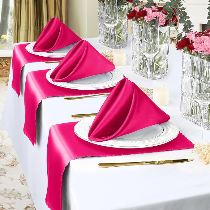 Homiest Hot Pink Satin Napkins - 100 Pack, 17x17 Inches, Scalloped Square Napkins for Weddings, Restaurants, Parties